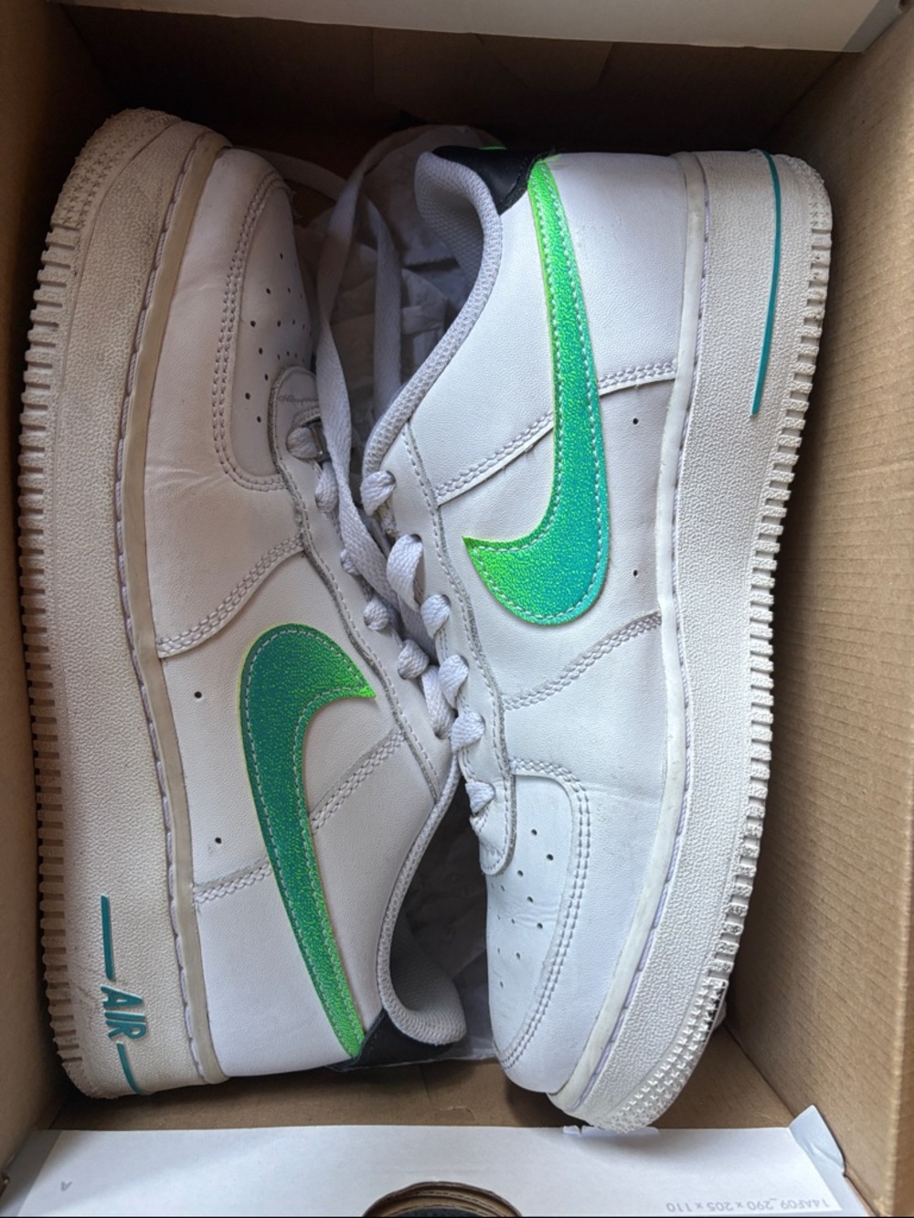 Nike Kids White Sneakers with Lime Green Swoosh and hot pink accents
